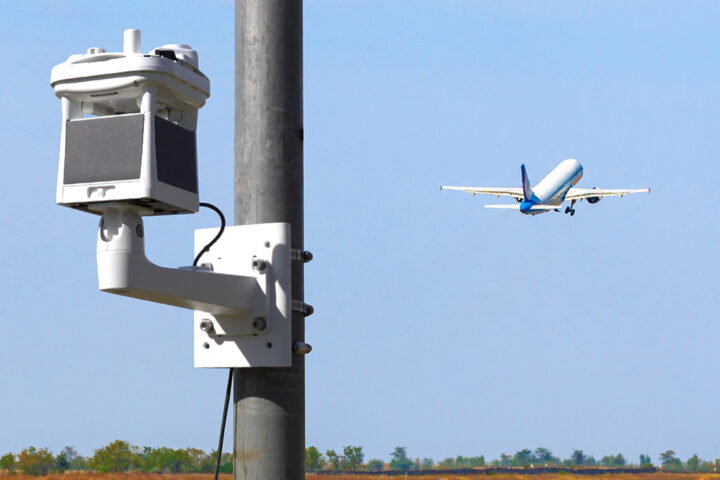 weather station on a pole with airplane flying in background