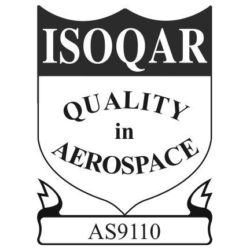 black-and-white badge signifying ISO AS9110 certification