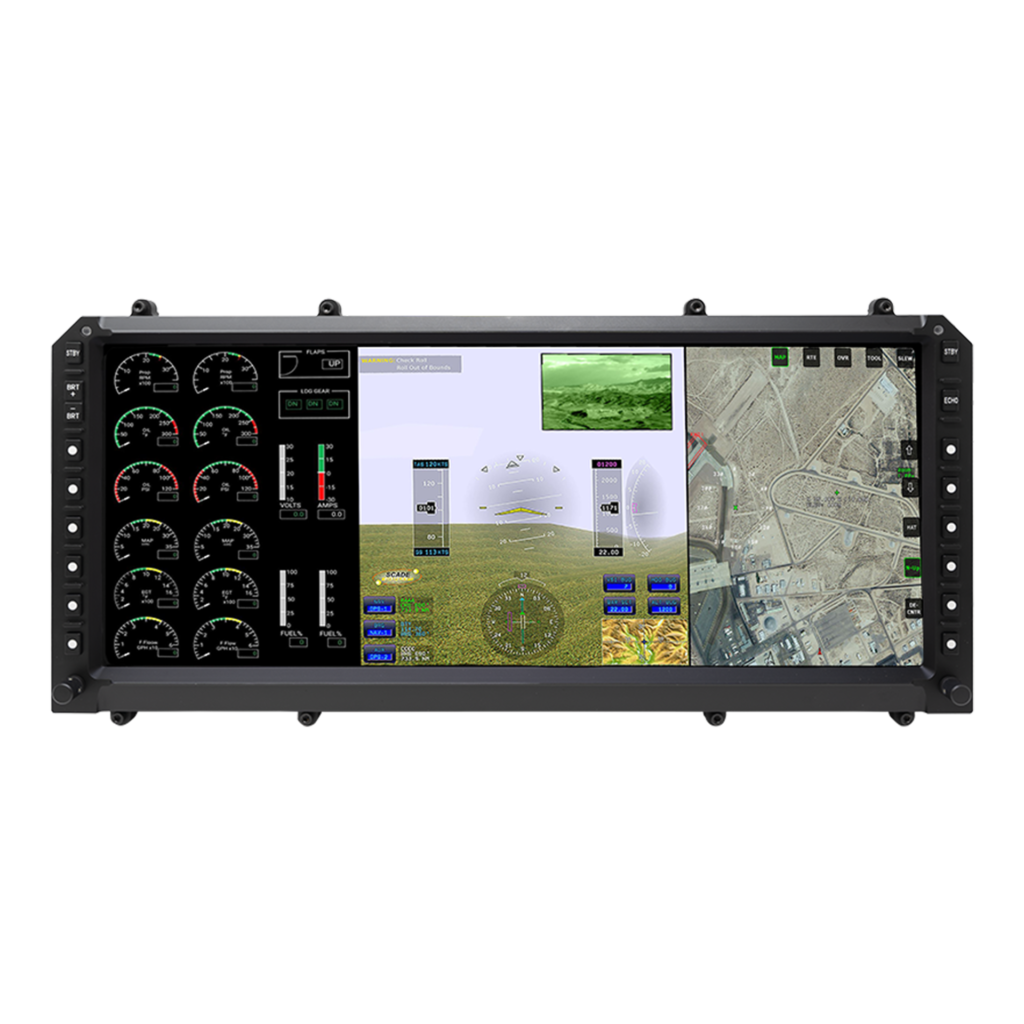 Head on view of a large area avionics display with a white background showing indicators, angle of attack, and live video tiled on the LCD screen